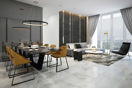 Thiết kế phòng khách và bàn ăn Sadora Apartment Sala ấm cúng và nhã nhặn