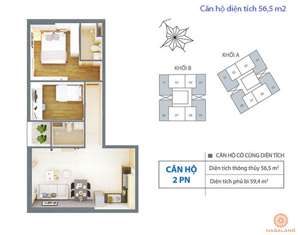 Thiết kế điển hình dự án căn hộ với diện tích 56,5 m2