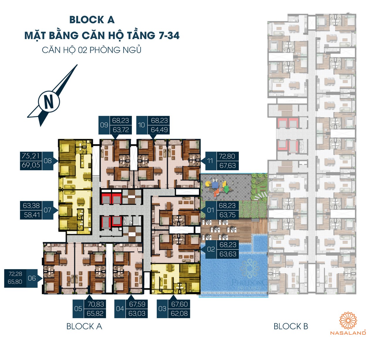 Mặt bằng dự án căn hộ Phú Đông Premier Bình Dương - Block A tầng 7-34 2PN