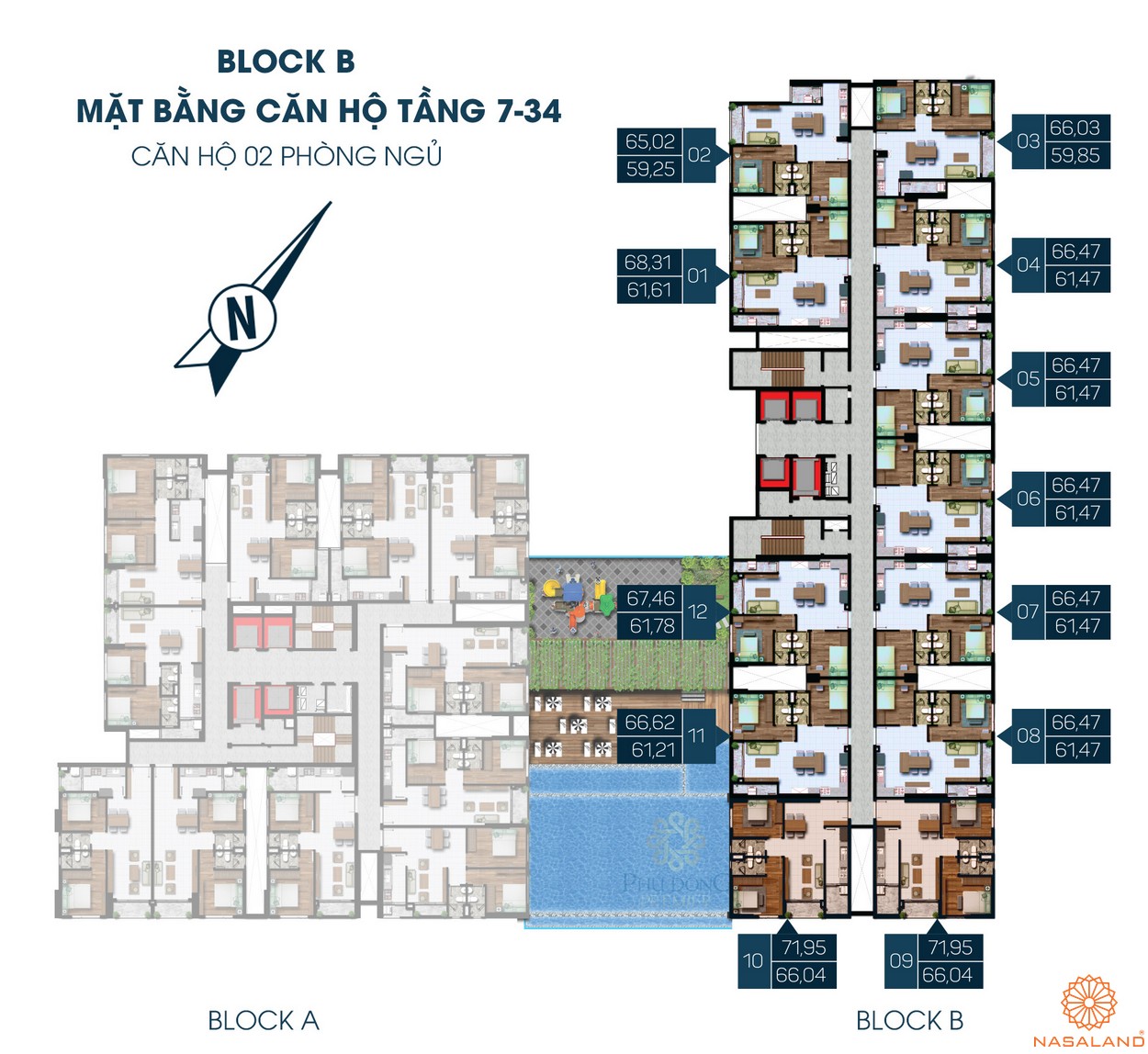 Mặt bằng dự án căn hộ Phú Đông Premier Bình Dương - Block B tầng 7-34 2PN