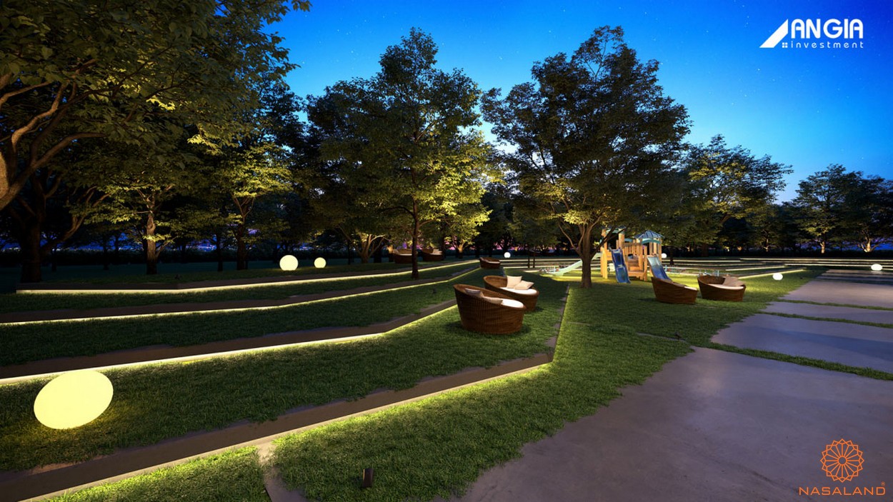 Công viên cây xanh cùng đường đi bộ rộng rãi được trang trí nhiều đèn tại dự án - tiện ích căn hộ Smartel Signial