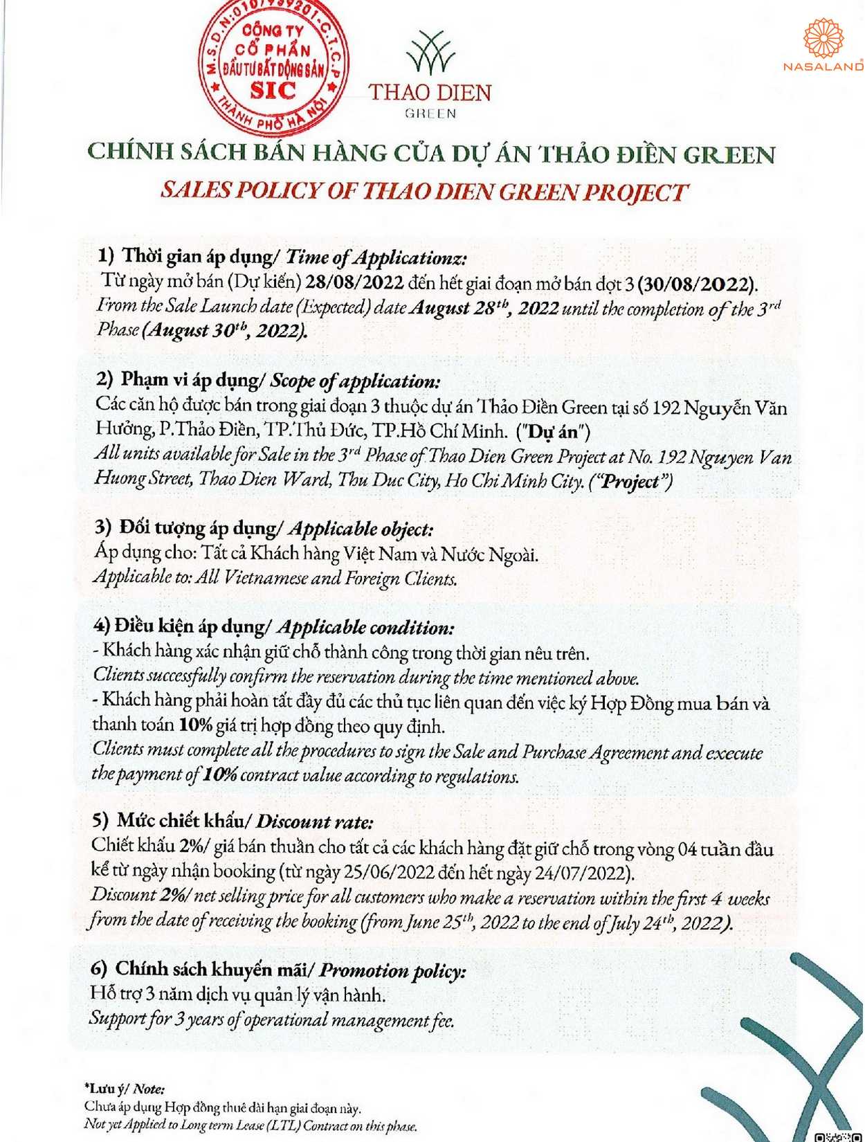 Chính sách thanh toán dự án Thảo Điền Green
