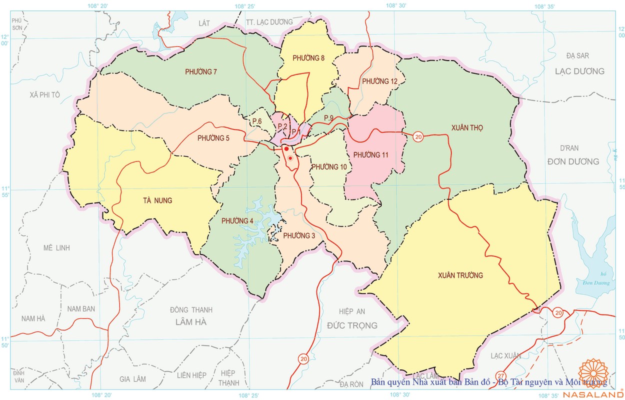 Bản đồ hành chính Thành phố Đà Lạt gồm 16 đơn vị hành chính cấp xã