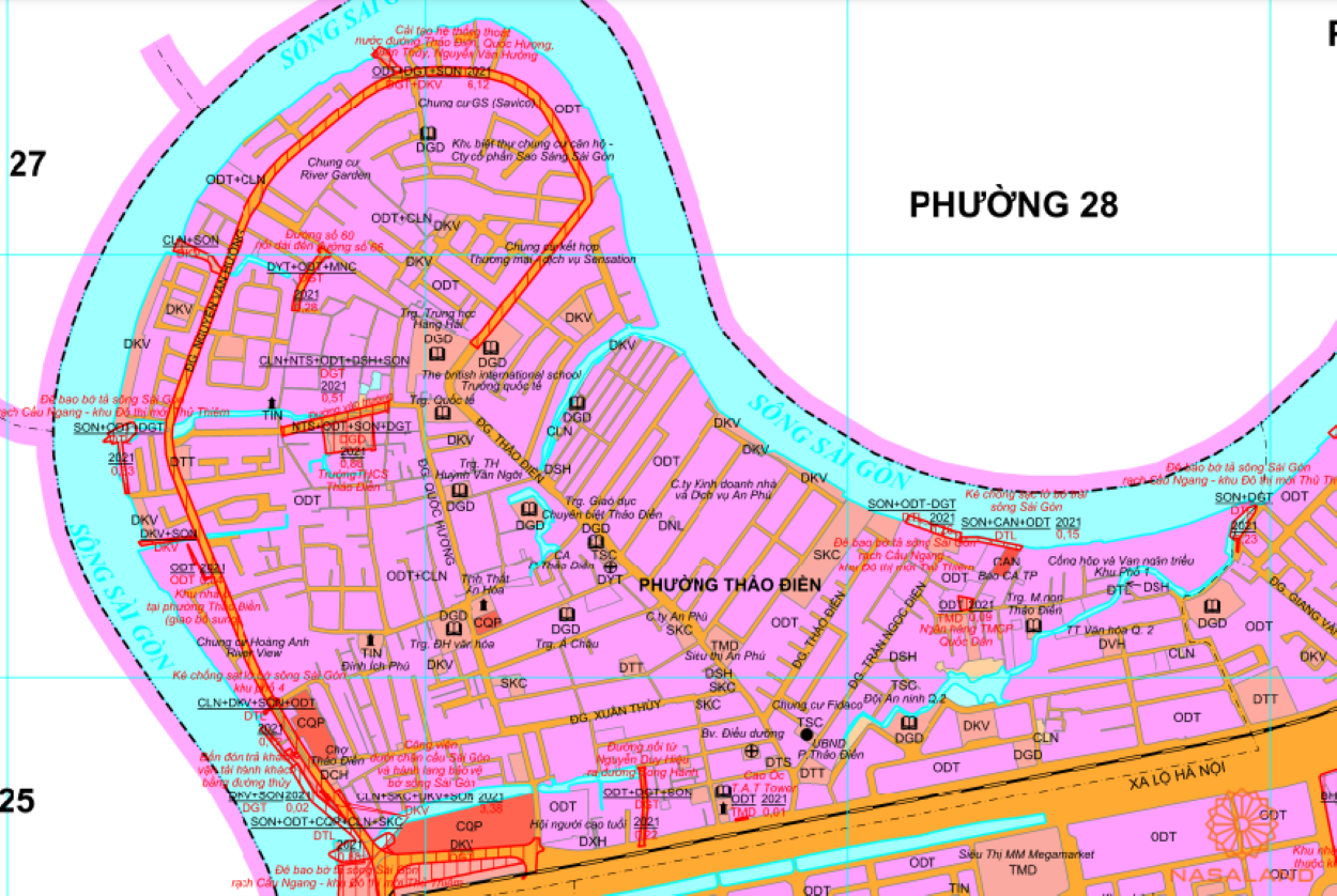 Quy hoạch sử dụng đất Phường Thảo Điền Quận 2 thể hiện trên bản đồ quy hoạch phân khu tỷ lệ 1/2000 của TP.HCM 