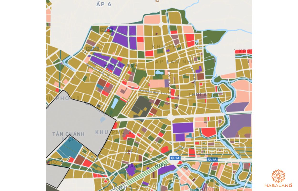 Quy hoạch sử dụng đất Phường Hiệp Thành Quận 12 thể hiện trên bản đồ quy hoạch phân khu tỷ lệ 1/2000 của TP. HCM