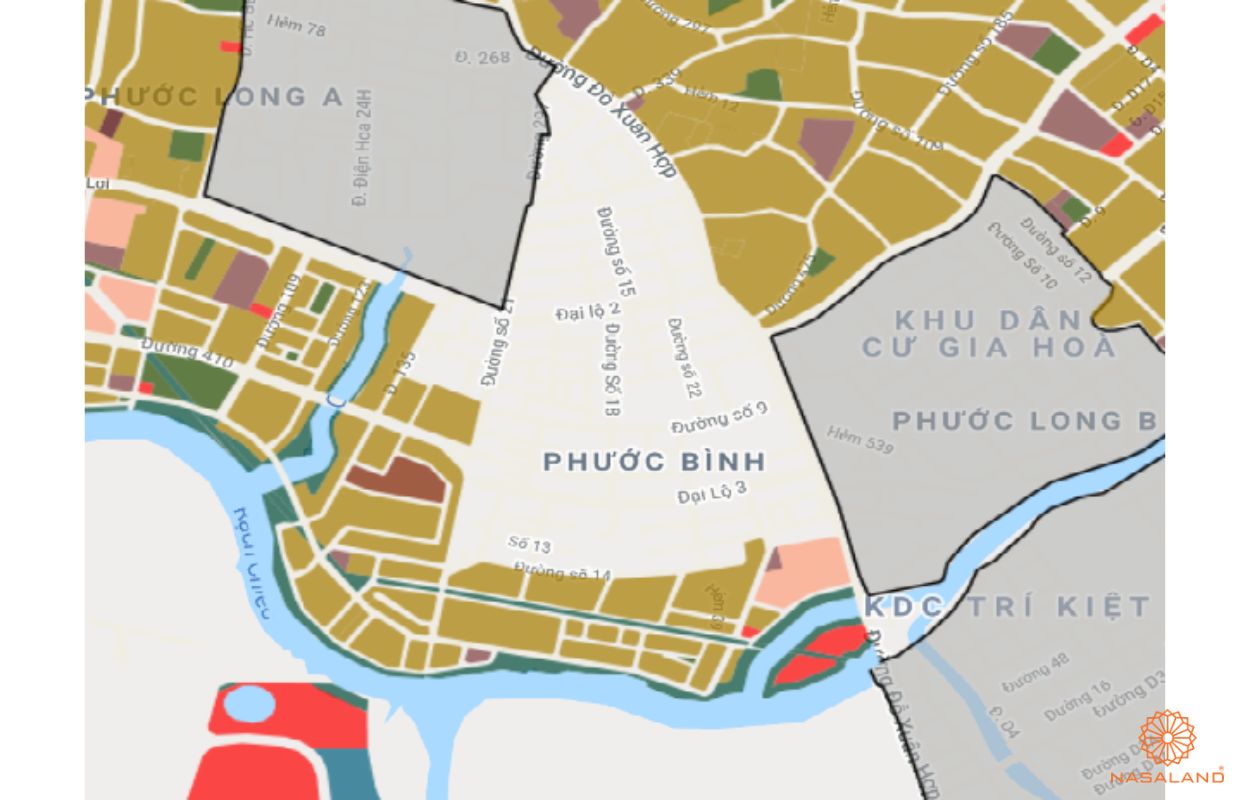 Quy hoạch sử dụng đất Phường Phước Bình Quận 9 thể hiện trên bản đồ quy hoạch phân khu tỷ lệ 1/2000 của TP. HCM