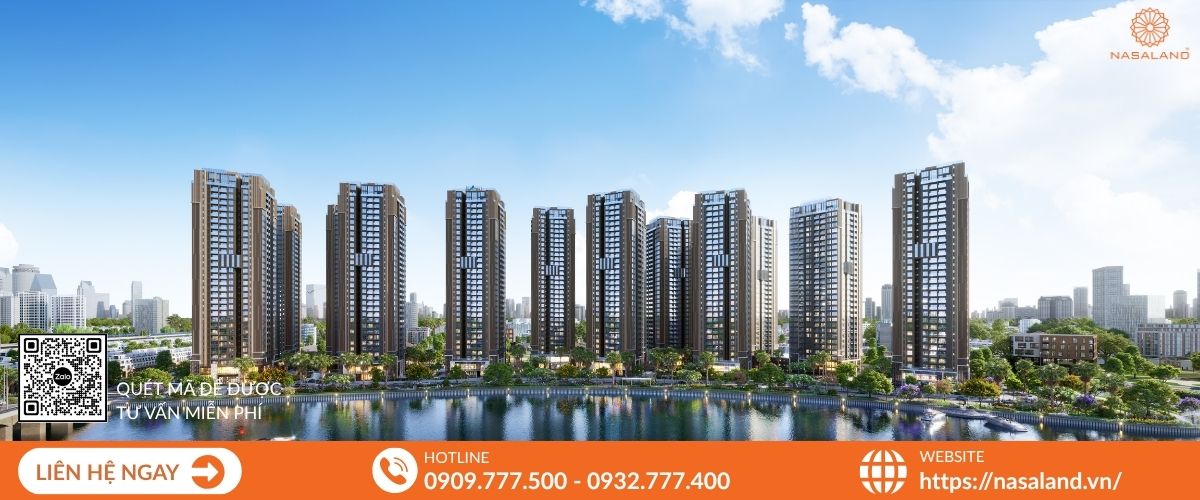Toàn cảnh dự án THE PRIVÉ nhìn từ phía trước, thể hiện quy mô và thiết kế hiện đại ven sông.