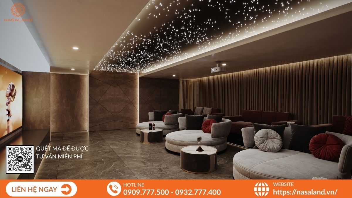 Phòng chiếu phim và karaoke trang bị thiết bị âm thanh, hình ảnh hiện đại.