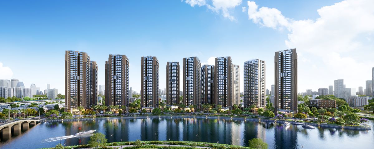 Toàn cảnh dự án căn hộ The Privé với tòa nhà hiện đại và hồ cảnh quan rộng lớn trong khu đô thị xanh mát.