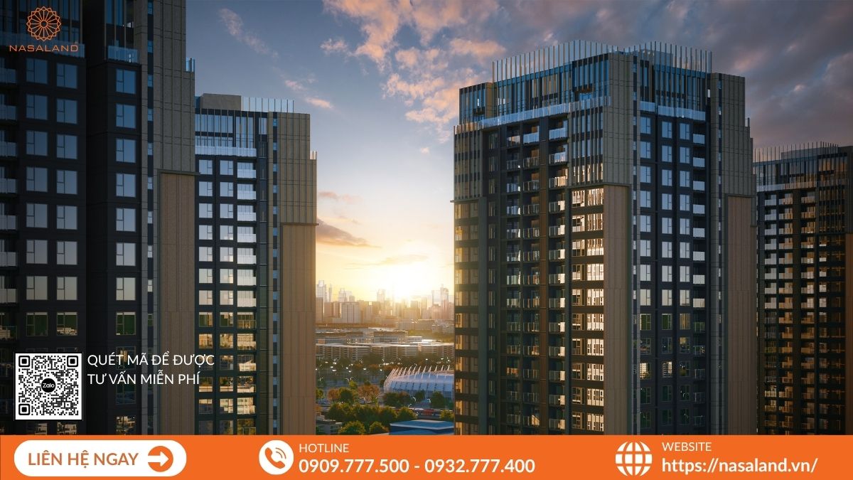 Hình ảnh chụp góc cao toàn cảnh khu căn hộ The Privé trong ánh hoàng hôn, thể hiện không gian sống sang trọng, hiện đại với tầm nhìn đẹp.