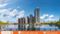 Hình ảnh khu căn hộ The Privé nhìn từ phía hồ nước, trời xanh trong, thể hiện môi trường sống trong lành và thanh bình.