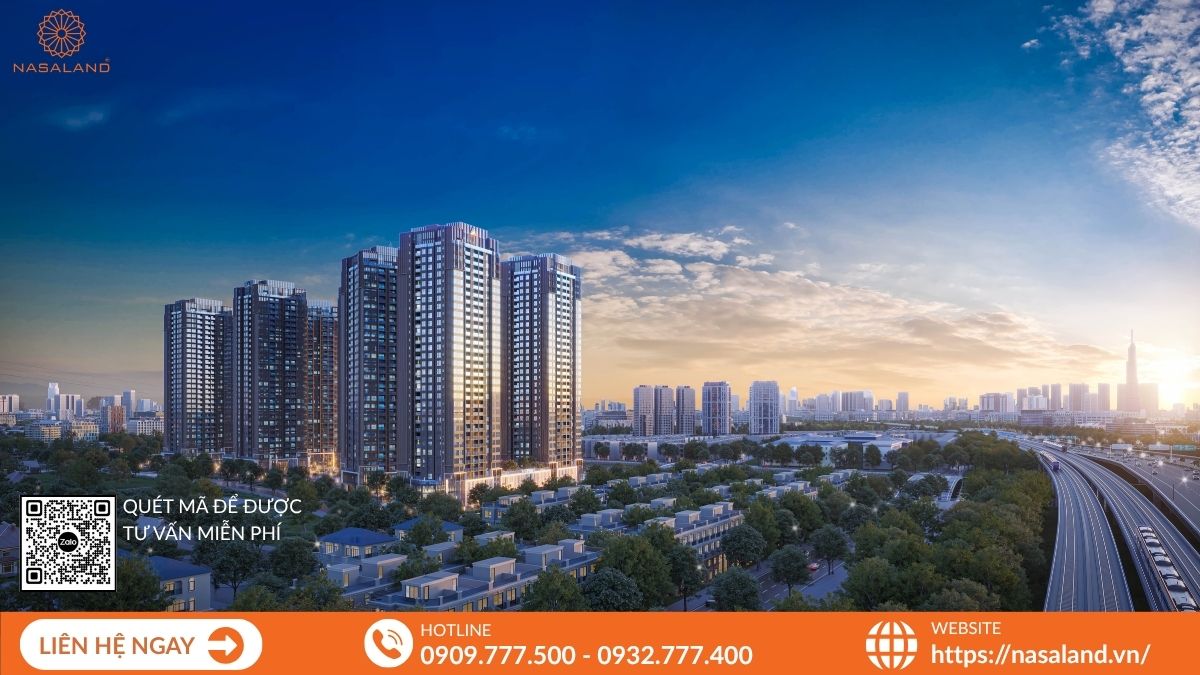 Toàn cảnh khu căn hộ The Privé với ánh sáng buổi hoàng hôn, thể hiện sự ấm áp, tiện nghi và không gian sinh hoạt rộng rãi.