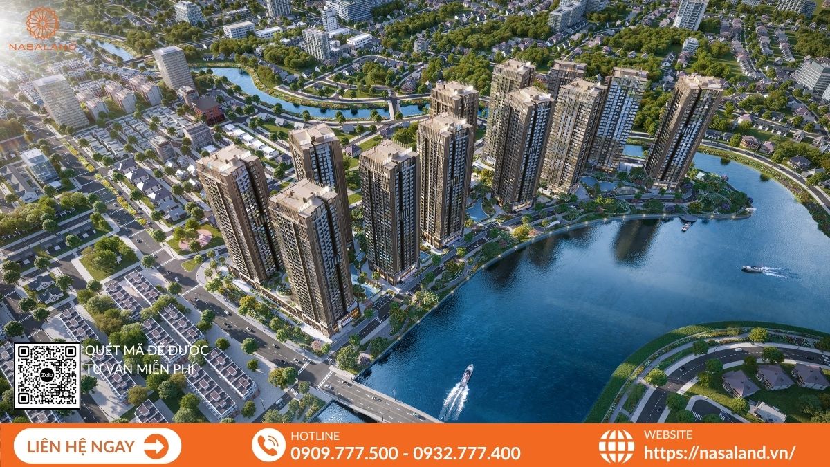 Hình ảnh từ trên cao cho thấy các tòa nhà cao tầng của The Privé bên cạnh hồ điều hòa rộng lớn, tạo không gian thư giãn lý tưởng.