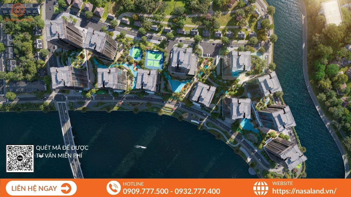 Hình ảnh chụp từ trên cao xuống toàn khu vực The Privé, thể hiện bố cục quy hoạch đồng bộ và hài hòa với thiên nhiên.