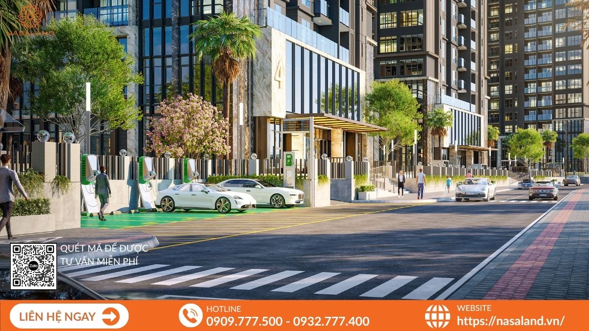 Trạm sạc xe điện hiện đại trong khuôn viên THE PRIVÉ, hỗ trợ phương tiện xanh của cư dân.